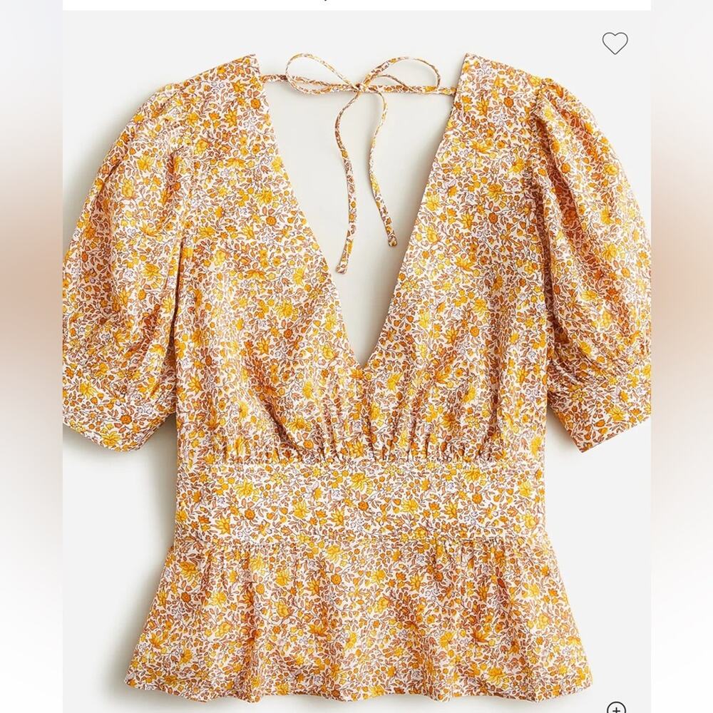 J. Crew Top Blouse Puff-sleeve V-neck Yellow Floral Size 0